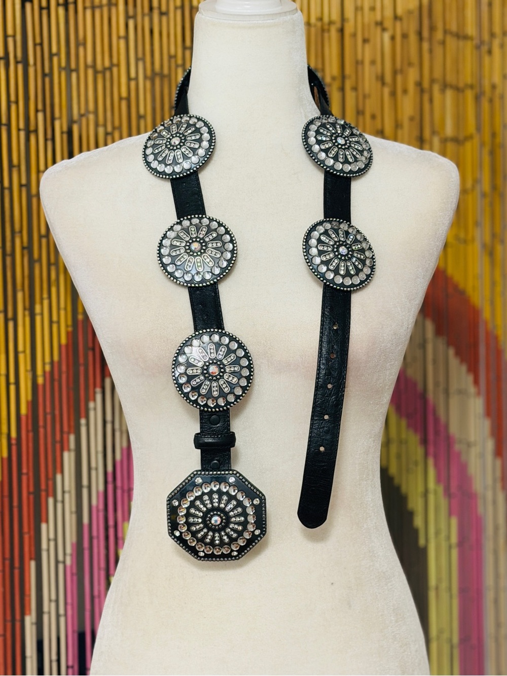 90s Y2K USA Tony Lama Leather Western Crystal Rhinestone Concho Statement Belt - Picture 2 of 6
